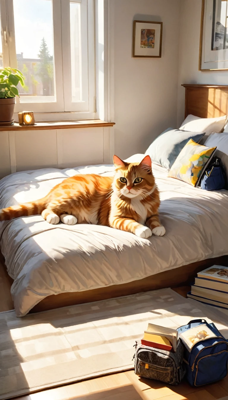 a beautiful and fluffy cat, lying on a bed, with cat-shaped pillows, sunlight streaming through a window, a nightstand with books, a 's backpack on the floor, detailed feline features, realistic fur texture, soft lighting, warm color tones, relaxed cat pose, cozy bedroom interior, photorealistic, 8K, high quality