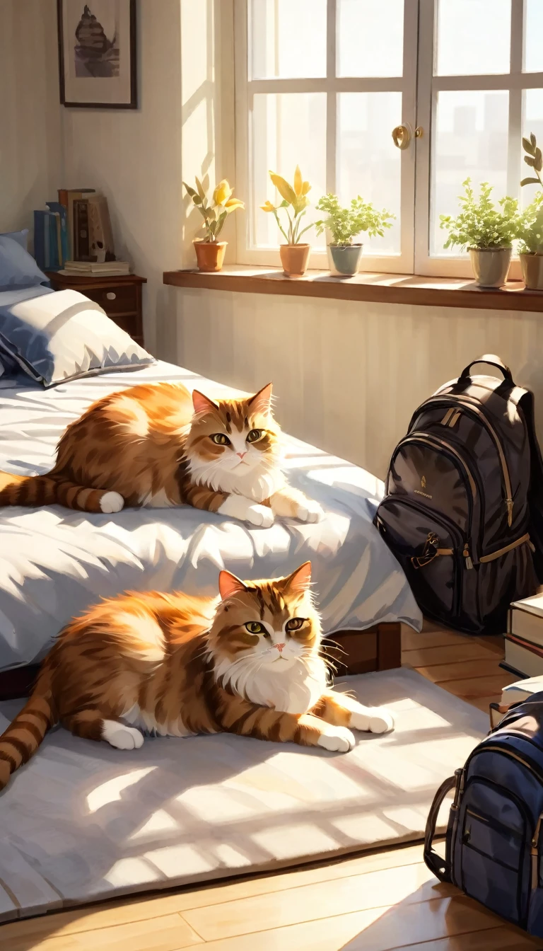 a beautiful and fluffy cat, lying on a bed, with cat-shaped pillows, sunlight streaming through a window, a nightstand with books, a child's backpack on the floor, detailed feline features, realistic fur texture, soft lighting, warm color tones, relaxed cat pose, cozy bedroom interior, photorealistic, 8K, high quality