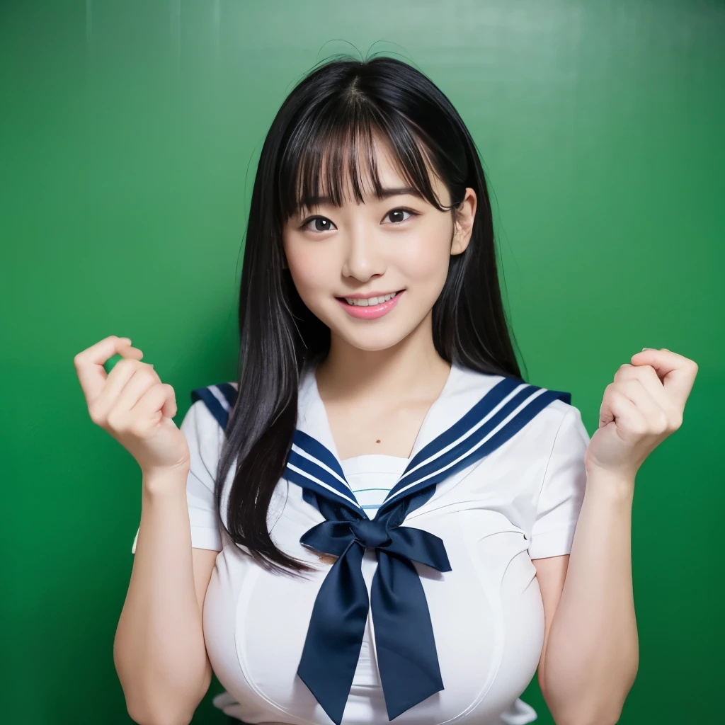 女の子1 person, alone, highest quality, 8k, Japanese women photos, 17 years old, kindergarten teacher, 長くてストレートなBlack Hair,, ((Plump)), ((Big Breasts)),Sailor suit,Sailor suit,, The best smile,Grow eyes,  Shining happiness, Caring personality, Sweet feminine aura, Calm but firm attitude, Lightly freckled cheeks, A spirit of warmth and joy, Discreet and perfect for class,Eyes that shine with devotion, a humble and dedicated kindergarten teacher, 1 person,超Big Breasts,Big Breasts,Sailor suit,mini skirt,Black HairのストレートLong Hair,Long Hair,Black Hair,17 years old,valley,My chest is about to burst,Cute pose,Cute pose,Purikura,Purikura,Finger Heart,The whole body was photographed,The whole body was reflected,Leather shoes,Solid green background,Solid green background,Green background,超Big Breasts,Big Breasts,Big Boobs,大きなvalley,valley,valley,胸のvalley,My chest is about to burst,I can see your chest,Accentuated breasts,Big Breasts,Big Breasts