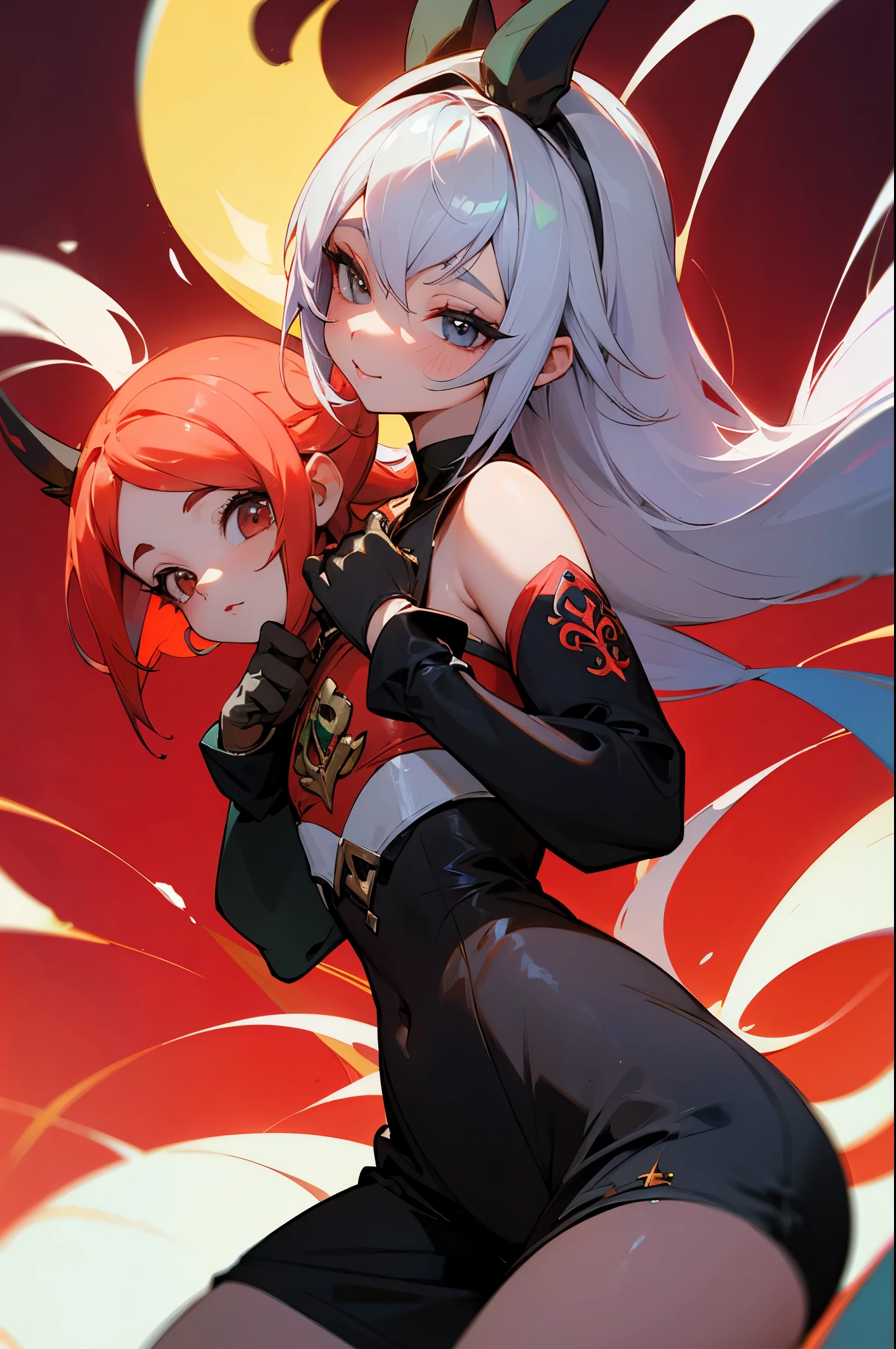 Kana, a demon lord hunter with determined eyes and short, fiery red hair, sharp features, and a muscular build, clad in leather armor and armed with a sharp, silver spear, stands confidently on the right. Her gaze is focused, ready for battle. On the left, Yuka, a rival hunter with long, black hair tied up in a ponytail, an elegant, yet deadly appearance, wearing a red qipao and wielding a pair of black, feathered fans, poses gracefully with a sly, mysterious smile. Both women exude an air of power and sensuality, their eyes locked onto each other, ready to engage in their next fierce confront.