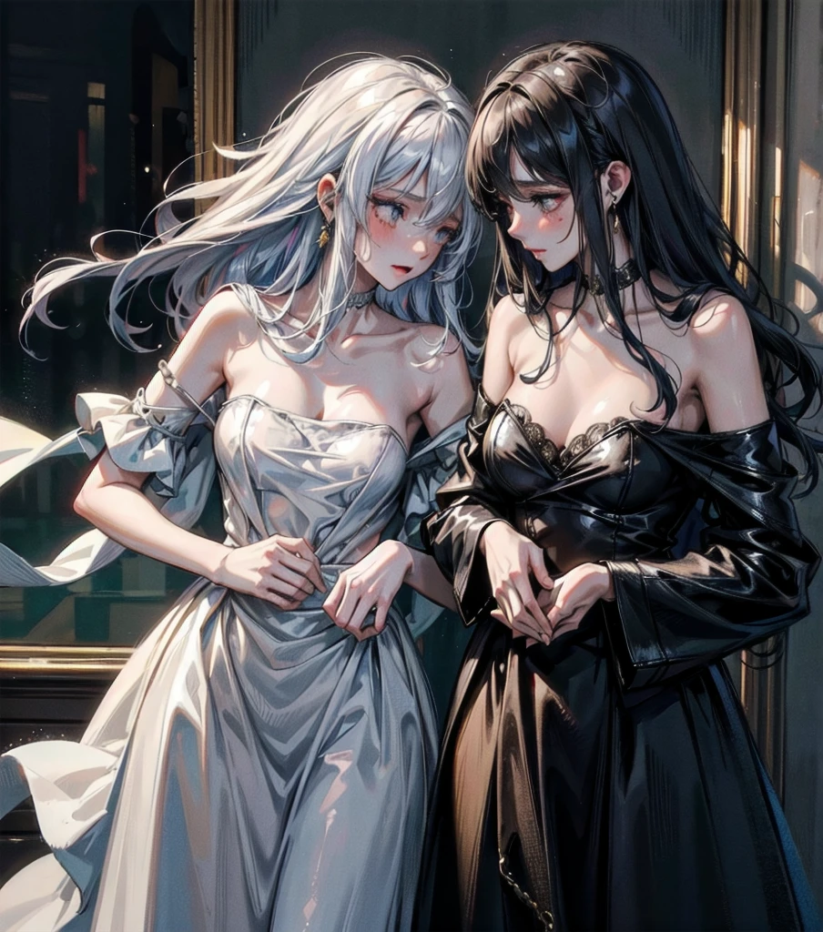 (((yuri))), (((2 girls))), ((evening dress:, strapless)), absurdres, RAW photo, extremely delicate and beautiful, masterpiece, Best Quality, ultra high resolution, 32k, hyperrealistic, ultra-detailed, detailed description, perfect anatomy, pale skin, 20 years old, detailed beautiful face and eyes, tearful mole, earring, short medium hair, wavy hair, random colored hair, whole body shot, colossal tits, 