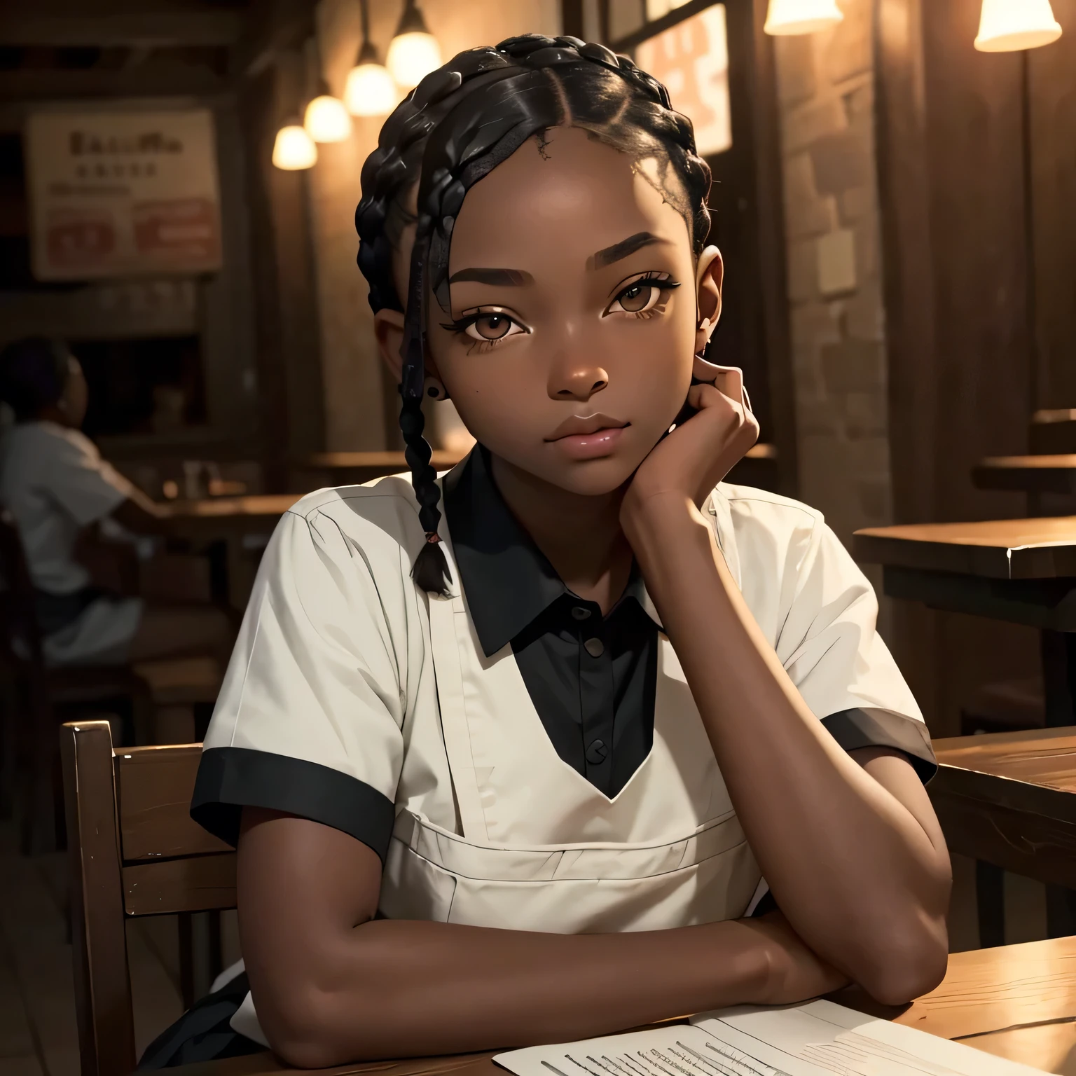 (masterpiece, best quality), deep ebony 1girl, beautiful face, short braids, tavern setting, dressed like a waitress , beautify, Lofi vibe, cute night vibe, concentrated, sitting, city wear, book over the table, hands outside of the picture, good hand position