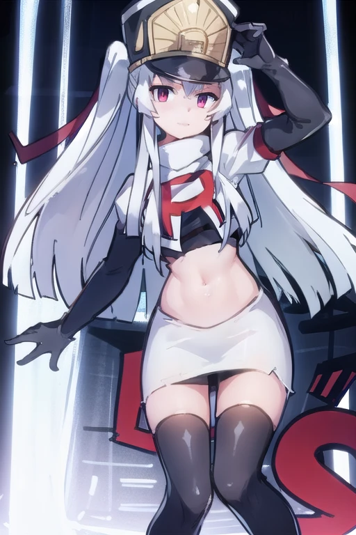 1girl, solo, altair, team rocket,team rocket uniform,white skirt,red letter R,crop top,black thigh-highs,black elbow gloves,