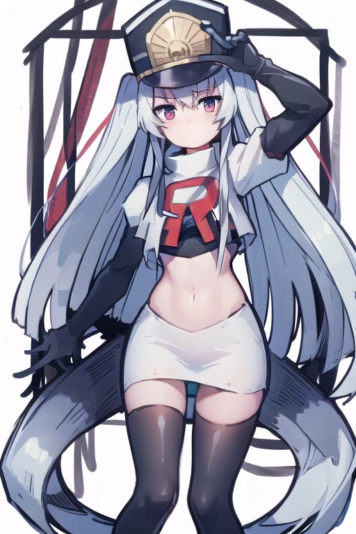 1girl, solo, altair, team rocket,team rocket uniform,white skirt,red letter R,crop top,black thigh-highs,black elbow gloves,