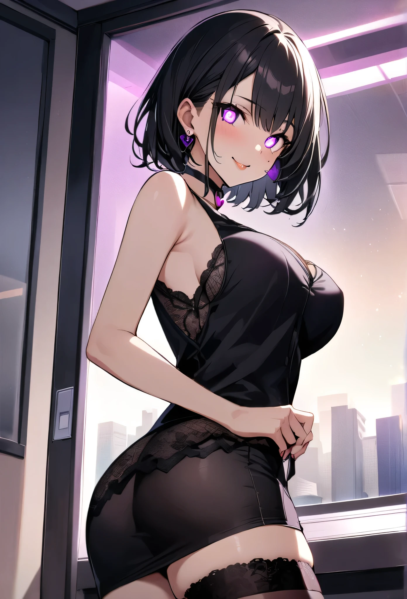 {lady with shoulder-length black hair named Rico}, business suits,tall,''short hair,lovestruck,grossy lips, (It feels like saying Hello, daytime hours), indoor,{going out style}, ((Heart-shaped choker) ), (office room), Bright background,purple eyes, Mole under the eye, Heart-shaped choker, ((Masterpiece)), Highly detailed CG Unity 8k wallpaper), Top quality,, Detailed background, beautifully detailed eyes, heart shaped pupils,hollow eyes, looking at viewer,(very delicate and beautiful)), ((beautiful) eyes (detailed description),extra large breasts, browse,shirts,black vest,floating heart,sadistic smile,growing eyes,try to show me panty and lingerie,black lace,shirts,earring,from side,stick out ass,tight skirt,thighhigh,put hands on skirt,glowing eyes,,garter,no sleeve