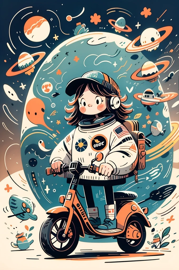 cinematic film still A visually striking chibi-style astronaut is depicted with remarkable detail, wearing a black tinted visor and a crisp white suit with red straps. This adorable hero is captured riding on a child's tricycle with big grippy tires, exploring the surface of the moon. The background showcases a delightful galaxy filled with stars and cosmic wonder. This conceptual art piece blends anime, photography, illustration, and typography to create a whimsical and imaginative portrayal of space exploration.