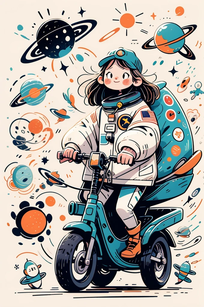 cinematic film still A visually striking chibi-style astronaut is depicted with remarkable detail, wearing a black tinted visor and a crisp white suit with red straps. This adorable hero is captured riding on a child's tricycle with big grippy tires, exploring the surface of the moon. The background showcases a delightful galaxy filled with stars and cosmic wonder. This conceptual art piece blends anime, photography, illustration, and typography to create a whimsical and imaginative portrayal of space exploration.