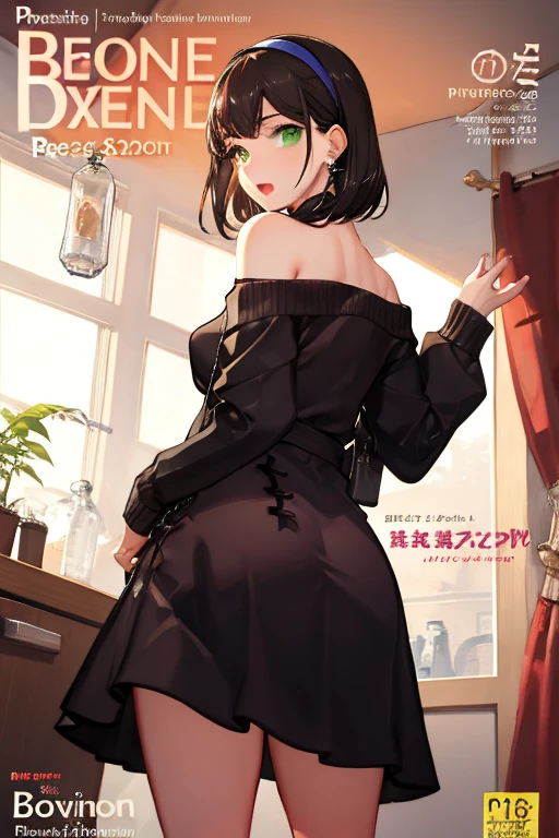 (small breasts:1.3), (perky chest:1.1), (pointed chest:1.0), (fashion magazine cover:1.3)，(from below:1.0),(from side:0.9),masterpiece, 1girl, Amazing Cleavage:1.1, thin waist, big ass, Raised sexy, small breast: 1.3, posed cleavage:1.2、solo, looking at viewer, open mouth, have a cute grass of cute beergrass,black hair, dark green eyes, dress, bare shoulders, jewelry, collarbone, sidelocks, hairband, earrings, indoors, off shoulder, :o, sweater, arms behind back, plant, short hair with long locks, gild hairband, off-shoulder dress, sweater dress, off-shoulder sweater, red sweater, dark gord hair, big side hair, very long side hair,is rendered in (masterpiece: 1.2, best quality), with (ultra high resolution) and an exquisite (depth of field). This masterpiece is not only visually stunning but also tells,A scene of cooking in the kitchen by classroom
