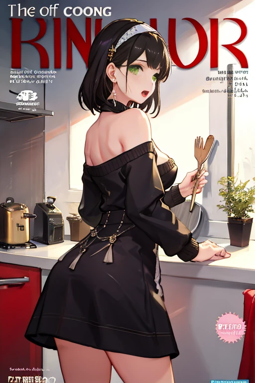 (small breasts:1.3), (perky chest:1.1), (pointed chest:1.0), (Pudding cake magazine cover:1.3),(from above:1.0),(from side:0.9),masterpiece, 1girl, Amazing Cleavage:1.1, thin waist, big ass, Raised sexy, small breast: 1.3, posed cleavage:1.2、solo, looking at viewer, open mouth, have a cute grass of cute beergrass,black hair, dark green eyes, dress, bare shoulders, jewelry, collarbone, sidelocks, hairband, earrings, indoors, off shoulder, :o, sweater, arms behind back, plant, short hair with long locks, gild hairband, off-shoulder dress, sweater dress, off-shoulder sweater, red sweater, dark gord hair, big side hair, very long side hair,is rendered in (masterpiece: 1.2, best quality), with (ultra high resolution) and an exquisite (depth of field). This masterpiece is not only visually stunning but also tells,A scene of cooking in the kitchen by classroom