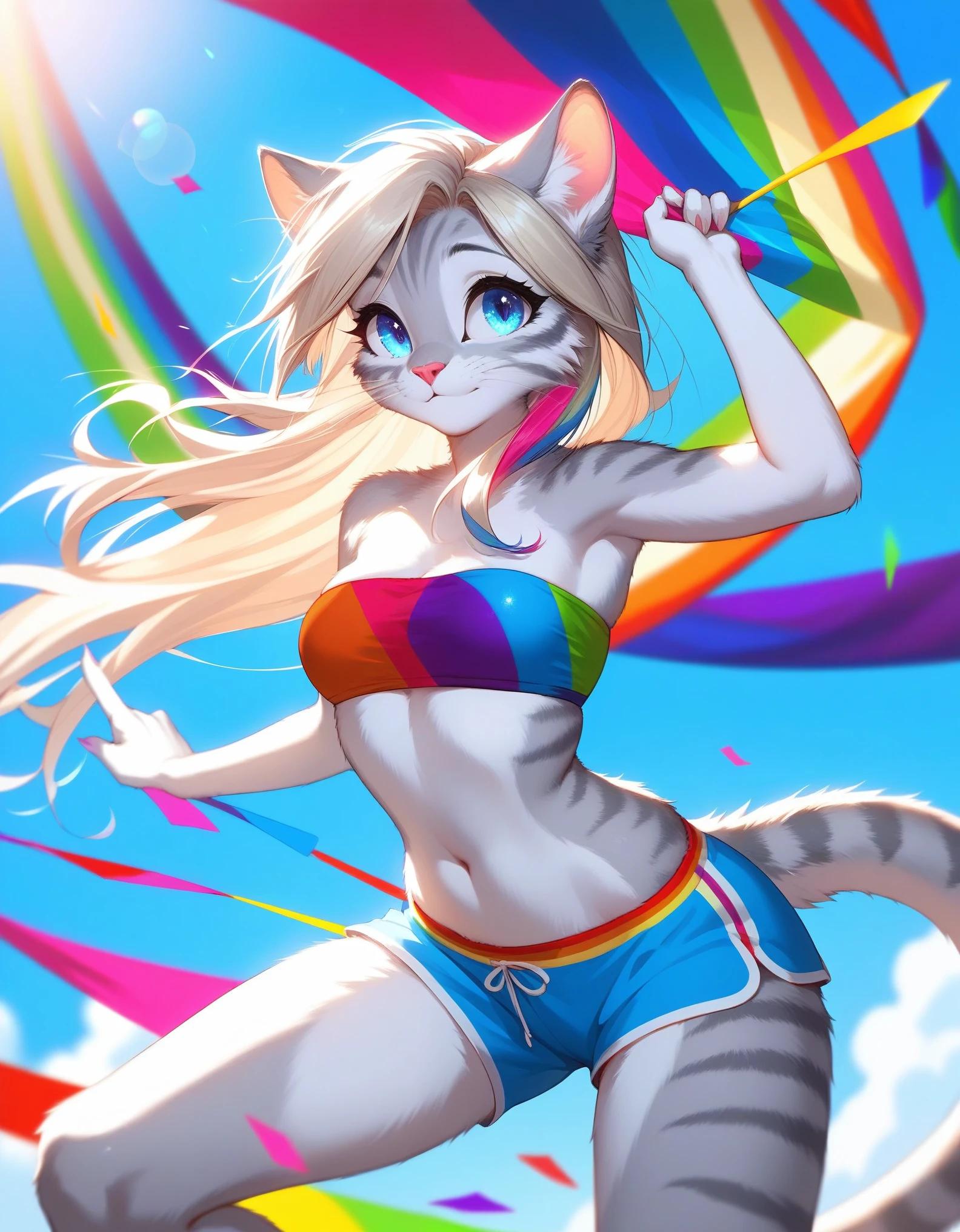 score_9,score_8_up,score_7_up, source_cartoon, source_furry, Kat, a cute Anthro furry feline girl, tall body, hourglass figure, adult female, blue eyes, :3, silver fur, long blonde hair, rainbow highlights, white whiskers, pink nose, wearing rainbow bandeau, white short shorts, dancing, looking amazed, eyes sparkling, at a colorful parade, rainbow parade, outdoors, looking up 