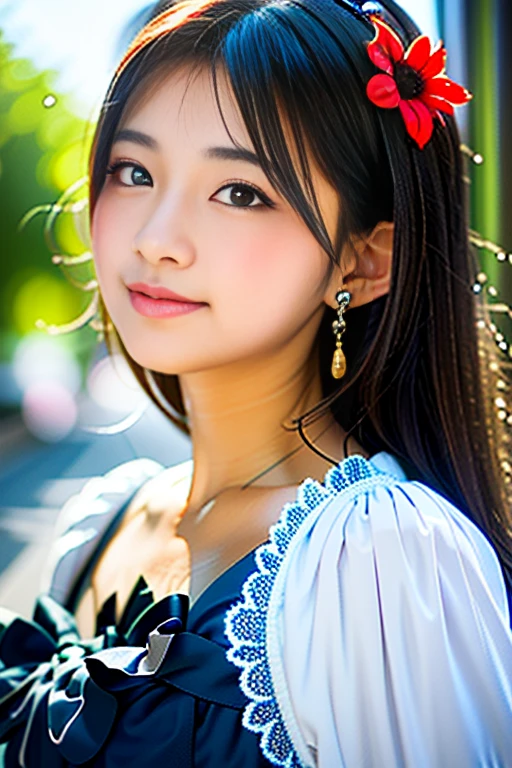 (Highest quality details:1.2), Realistic, 8K Ultra HD, High resolution, Fujifilm(Medium format), Hasselblad, Carl Zeiss, Incredible dynamic range photography(utility_art：Smoose-768:1.1), (One Girl:1.2), Super detailed, High quality textures, Intricate details, detailed, Very detailed CG, High Quality Shadows, detailed Beautiful and delicate face, detailed Beautiful and delicate eyes, Depth of written boundary, Ray Tracing, 18 years old, Cute Japanese Girl, Narrow Face, Glossy lips, Glowing Eyes, Glowing Eyes, Perfect body, View the viewer, (Jewelry Earrings), (Eye Color: Brown), (Bright red flower hair ornament), (Long white hair), (Layered Hairstyles), (Classic Gothic Lolita:1.5), Fashion Model Style, Small breasts. Tehehe face