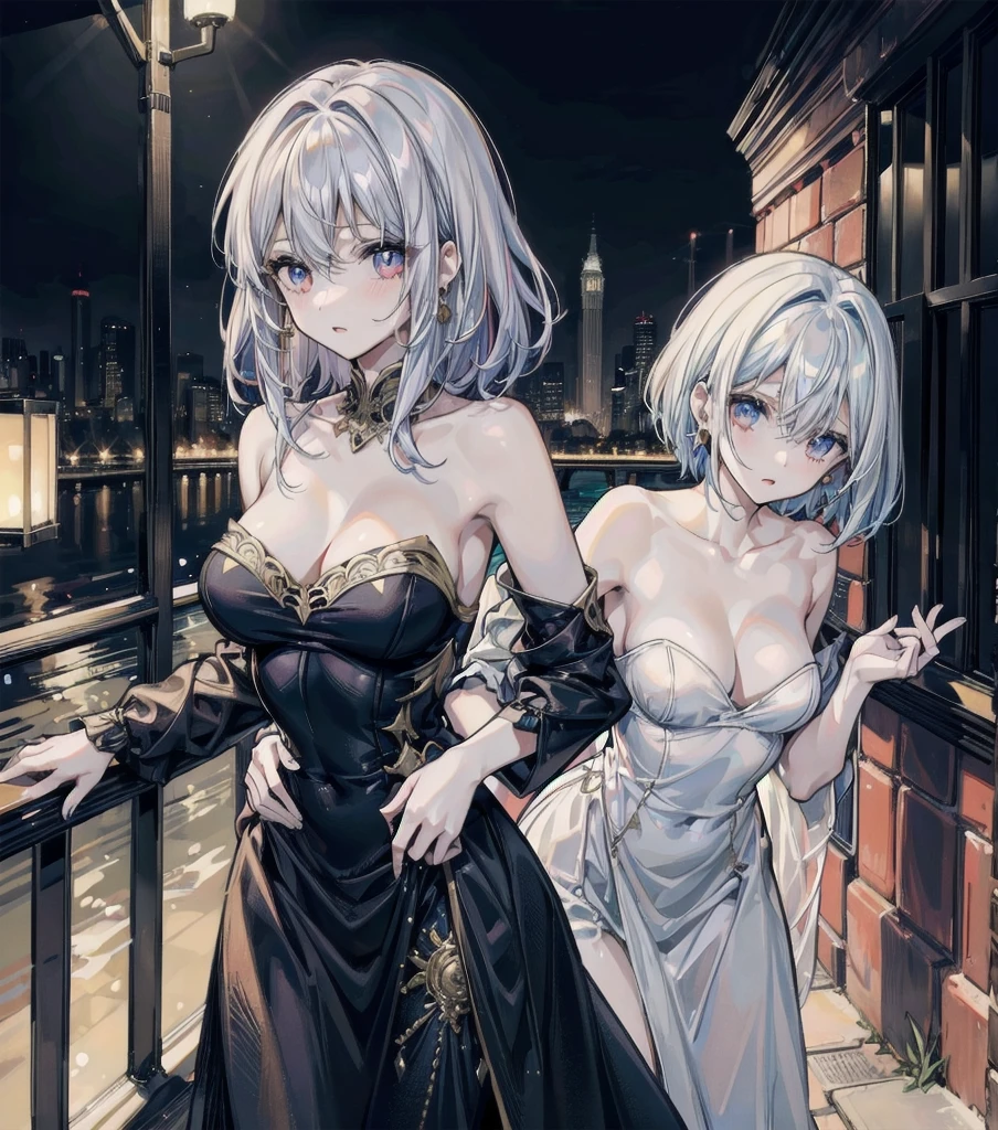(((yuri))), (((2 girls))), ((evening dress, strapless)), absurdres, RAW photo, extremely delicate and beautiful, masterpiece, Best Quality, ultra high resolution, 32k, hyperrealistic, ultra-detailed, detailed description, perfect anatomy, pale skin, 20 years old, detailed beautiful face and eyes, tearful mole, earring, short medium hair, wavy hair, random colored hair, whole body shot, colossal tits,