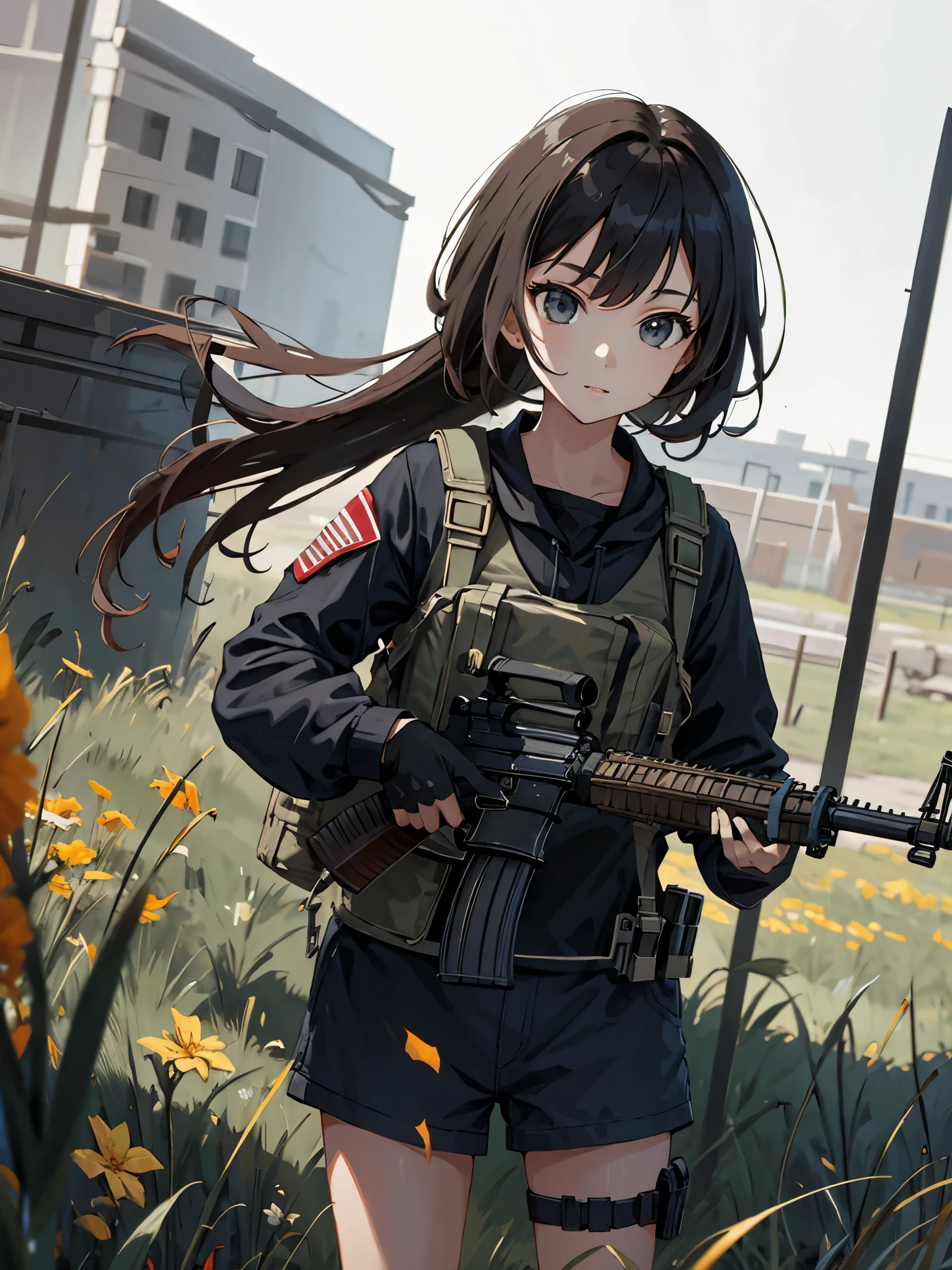 masterpiece, best quality, solo focus, 1girl, (holding an ar-15)