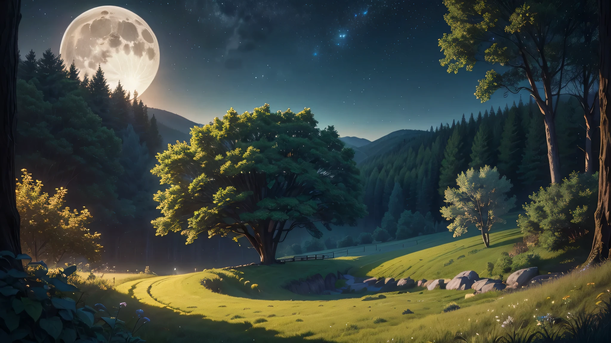 a serene night in the verdant fields, starry night sky, full moon, (best quality,4k,8k,highres,masterpiece:1.2),ultra-detailed,(realistic,photorealistic,photo-realistic:1.37),cinematic lighting, dramatic shadows, glowing moonlight, lush foliage, rolling hills, tranquil atmosphere, natural landscape, peaceful night scene