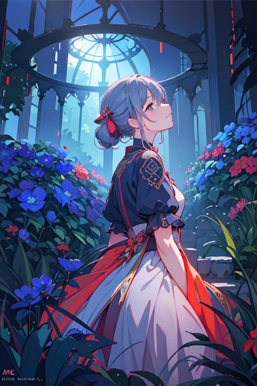 a beautiful girl in a lush garden, vibrant blue sky, red and orange flowers, detailed face and eyes, volumetric lighting, intricate details, photorealistic, high definition, masterpiece, professional digital art, cinematic color palette, using a palette of light pink, muted blue, dark grayish blue, bright blue, very dark gray, and light grayish blue