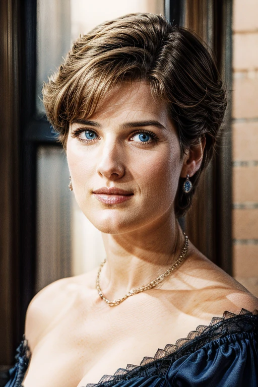 close-up professional photo of an attractive woman, looking upward at viewer, circa 1880s, industrial revolution era, cobie smulders, princess diana, blue eyes, short hair, Zeiss 50mm f/1.4 aperture, gaussian blur, 4k ultra-hd, cinematic, jewelry, necklace, off-shoulder black dress, cleavage