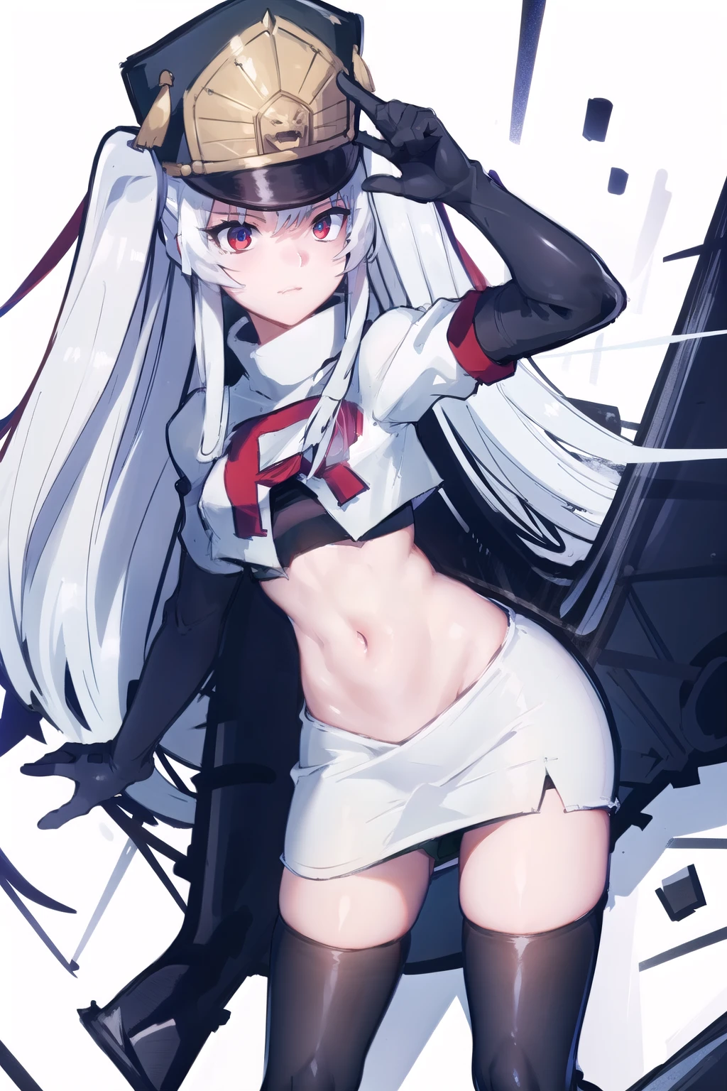 1girl, solo, altair, team rocket,team rocket uniform,white skirt,red letter R,crop top,black thigh-highs,black elbow gloves,