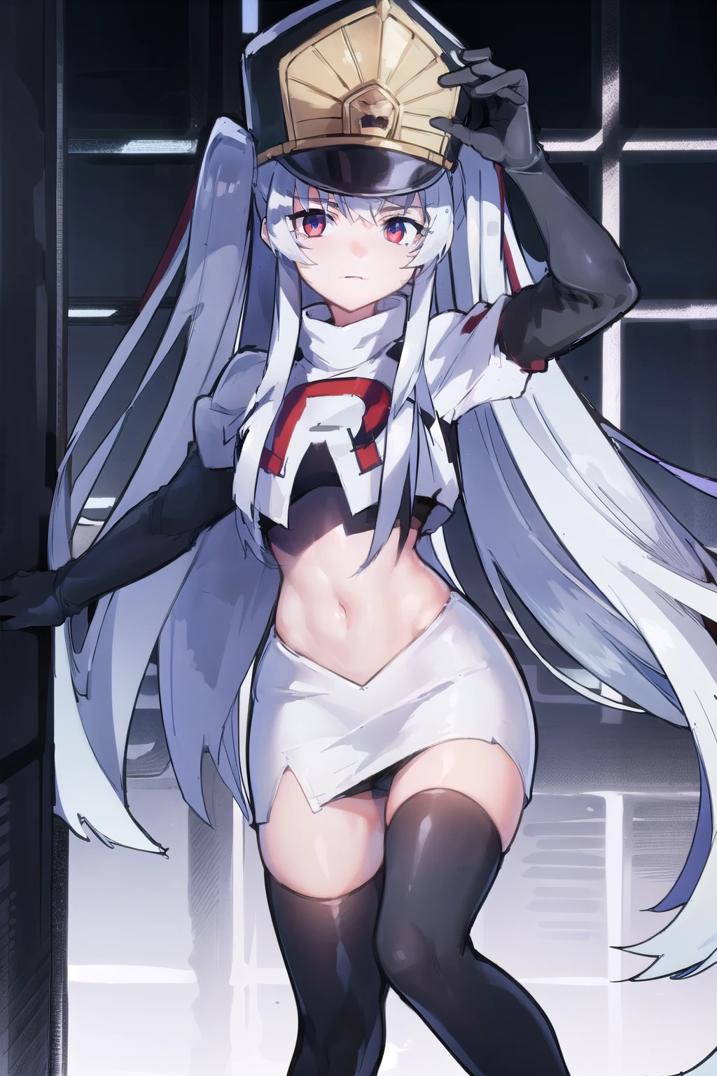 1girl, solo, altair, team rocket,team rocket uniform,white skirt,red letter R,crop top,black thigh-highs,black elbow gloves,