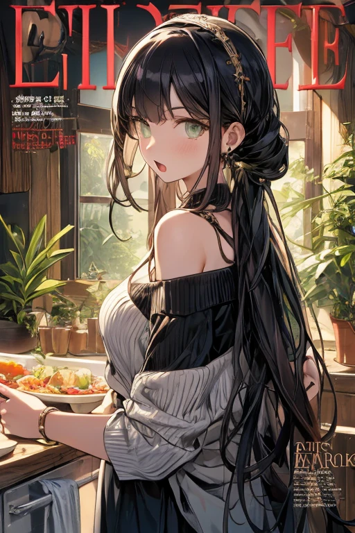 (small breasts:1.3), (perky chest:1.1), (pointed chest:1.0), (fashion magazine cover:1.3),(from below:1.0),(from side:0.9),masterpiece, 1girl, Amazing Cleavage:1.1, thin waist, big ass, Raised sexy, small breast: 1.3, posed cleavage:1.2、solo, looking at viewer, open mouth, have a cute grass of cute beergrass,black hair, dark green eyes, dress, bare shoulders, jewelry, collarbone, sidelocks, hairband, earrings, indoors, off shoulder, :o, sweater, arms behind back, plant, short hair with long locks, gild hairband, off-shoulder dress, sweater dress, off-shoulder sweater, red sweater, dark gord hair, big side hair, very long side hair,is rendered in (masterpiece: 1.2, best quality), with (ultra high resolution) and an exquisite (depth of field). This masterpiece is not only visually stunning but also tells,A scene of cooking in the kitchen by classroom