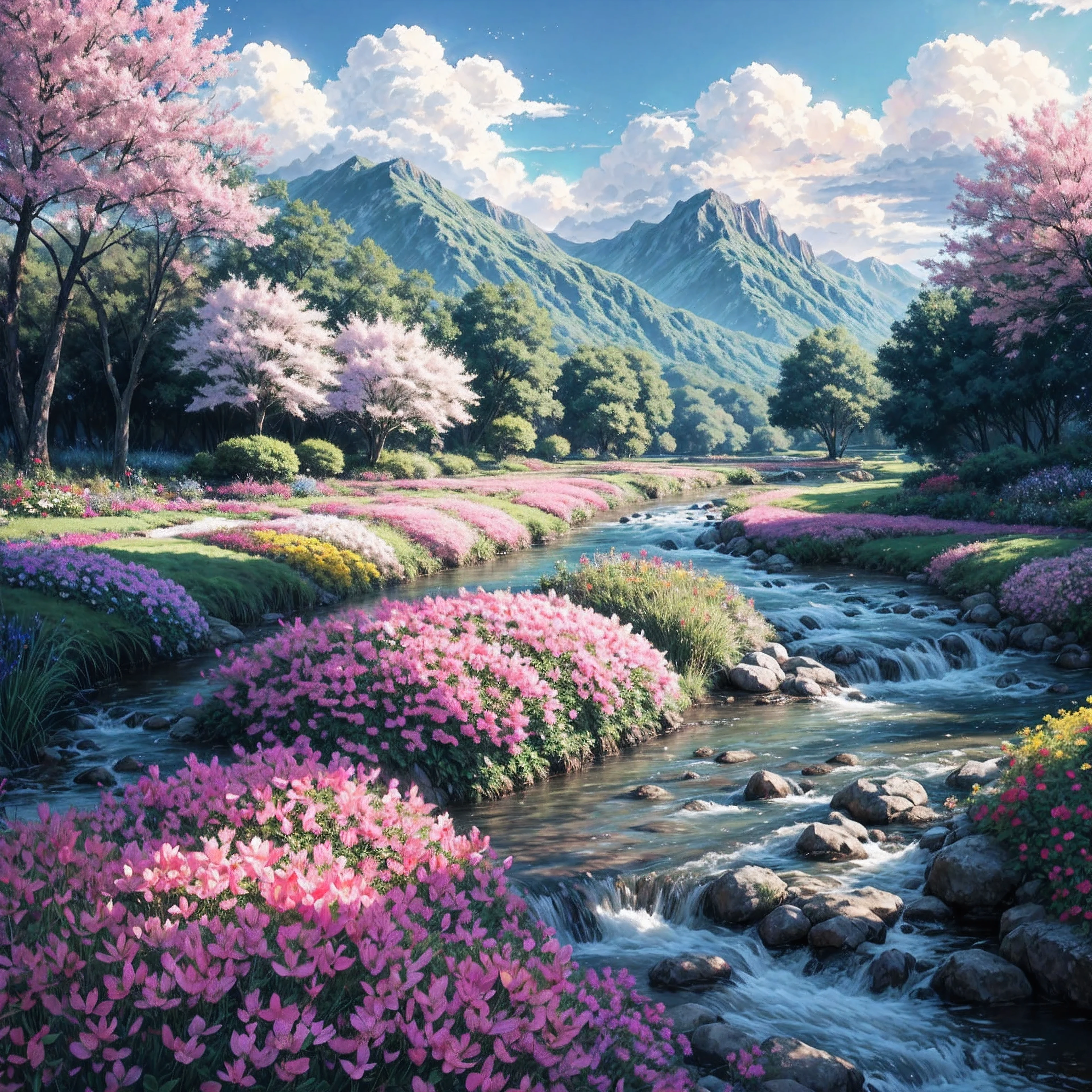Your name illustration 8K quality Beautiful landscape background, river, flower bed