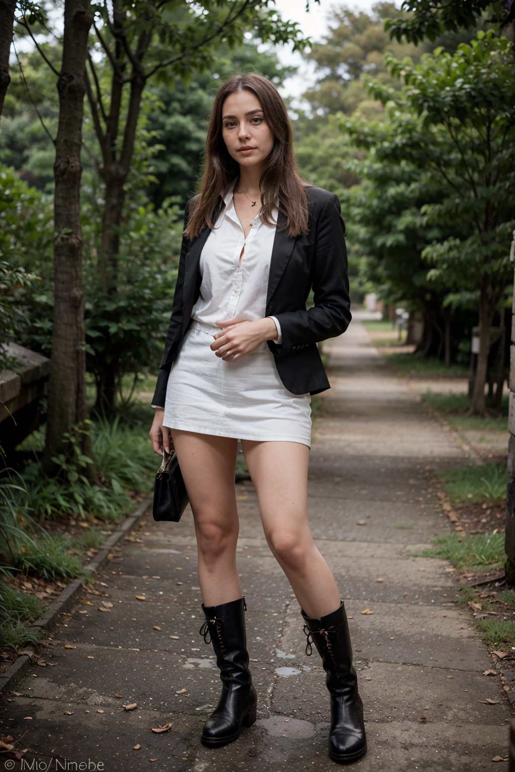 Crie uma foto de uma inglesa intectual, supernatural monster hunter, no meio de uma floresta na noite gelada, she is wearing boots and formal clothes (terno) like a businesswoman...