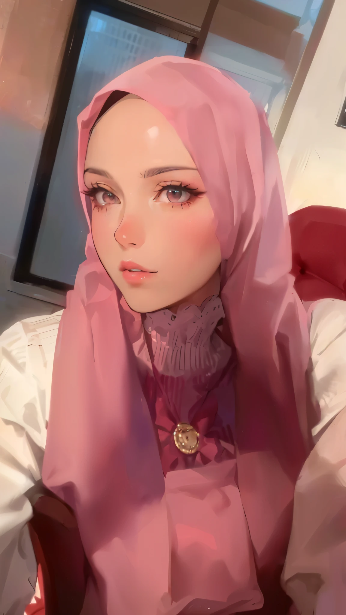 a woman wearing a pink hijab sitting on a chair, extremely detailed and realistic portrait, beautiful detailed eyes, beautiful detailed lips, extremely detailed face, long eyelashes, 8k, highres, photorealistic, semi-realism, hijab, kind expression, profile view, looking at the audience