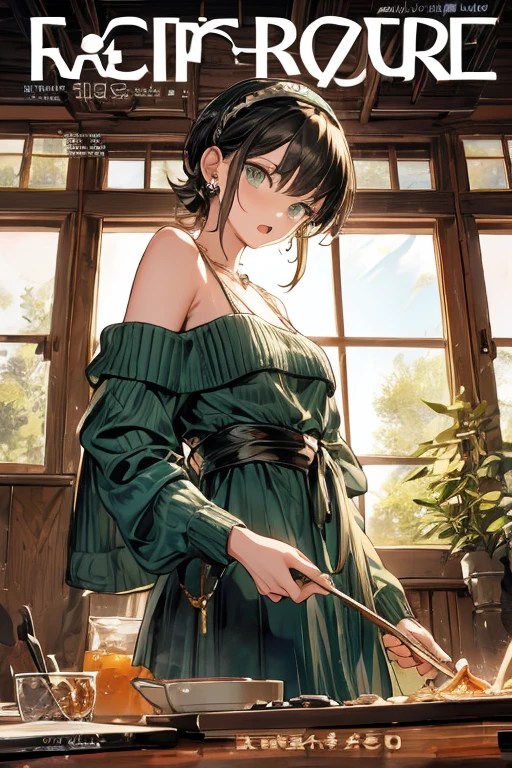 (small breasts:1.3), (perky chest:1.1), (pointed chest:1.0), (fashion magazine cover:1.3),(from below:1.0),(from side:0.9),masterpiece, 1girl, Amazing Cleavage:1.1, thin waist, big ass, Raised sexy, small breast: 1.3, posed cleavage:1.2、solo, looking at viewer, open mouth, have a cute grass of cute beergrass,black hair, dark green eyes, dress, bare shoulders, jewelry, collarbone, sidelocks, hairband, earrings, indoors, off shoulder, :o, sweater, arms behind back, plant, short hair with long locks, gild hairband, off-shoulder dress, sweater dress, off-shoulder sweater, red sweater, dark gord hair, big side hair, very long side hair,is rendered in (masterpiece: 1.2, best quality), with (ultra high resolution) and an exquisite (depth of field). This masterpiece is not only visually stunning but also tells,A scene of cooking in the kitchen by classroom