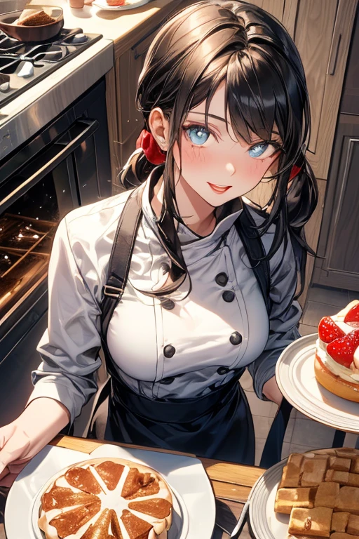 (dynamic angle:1.3, front view:1.1, breast focus:1.3, from above:1.1), (dynamic posing:1.2, sexy posing:1.2), (seductive smiling:1.3), ((looking at cake,Taking a cake out of the golden oven, worried about the outcome:1.2)),highest quality、(real、photorealistic:1.4),(ultra high resolution, 8K RAW photo, clear focus), best qualtiy, natural lighting, field depth, (Bright pupils, detailed beautiful eyes, high detailed face), Red lip, (tight focus:1.2), a girl 22yo old, Wearing a pastry chef uniform:1.3 , Thicc, thin breast, long hair, blue eyes,a pastry pretty girl:1.1, (highly detailed beautiful face and eyes,small breasts),real skin,((black,hair,long pony tail hair)),thin pubic hair,cute,lovely, detailed eyes,(double breasted:1.0,under bust:1.0),(with sparkling eyes and a contagious smile),open mouth, Looking at Viewer,A scene of cooking in the kitchen with the oven made by goldden