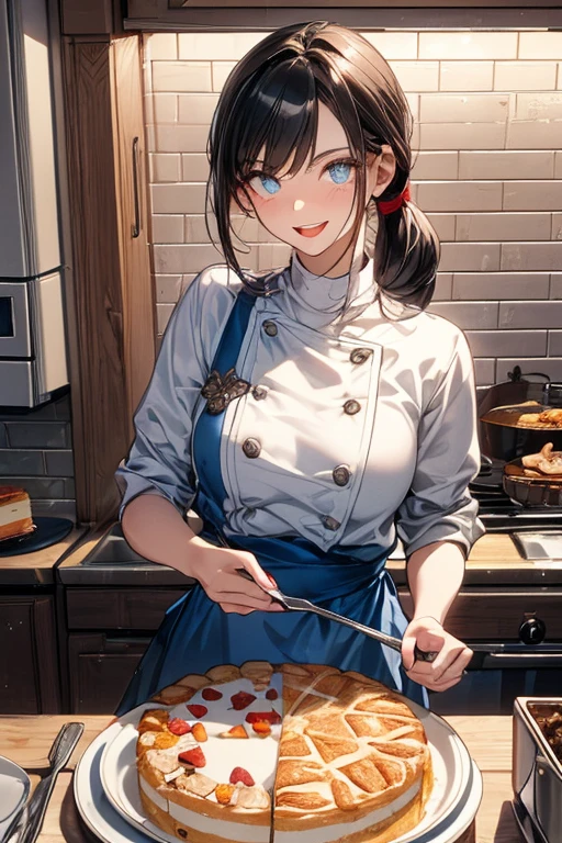 (dynamic angle:1.3, front view:1.1, breast focus:1.3, from above:1.1), (dynamic posing:1.2, sexy posing:1.2), (seductive smiling:1.3), ((looking at cake,Taking a cake out of the golden oven, worried about the outcome:1.2)),highest quality、(real、photorealistic:1.4),(ultra high resolution, 8K RAW photo, clear focus), best qualtiy, natural lighting, field depth, (Bright pupils, detailed beautiful eyes, high detailed face), Red lip, (tight focus:1.2), a girl 22yo old, Wearing a pastry chef uniform:1.3 , Thicc, thin breast, long hair, blue eyes,a pastry pretty girl:1.1, (highly detailed beautiful face and eyes,small breasts),real skin,((black,hair,long pony tail hair)),thin pubic hair,cute,lovely, detailed eyes,(double breasted:1.0,under bust:1.0),(with sparkling eyes and a contagious smile),open mouth, Looking at Viewer,A scene of cooking in the kitchen with the oven made by goldden
