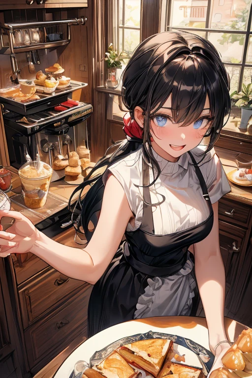 (dynamic angle:1.3, front view:1.1, breast focus:1.3, from above:1.1), (dynamic posing:1.2, sexy posing:1.2), (seductive smiling:1.3), ((looking at cake,Taking a cake out of the golden oven, worried about the outcome:1.2)),highest quality、(real、photorealistic:1.4),(ultra high resolution, 8K RAW photo, clear focus), best qualtiy, natural lighting, field depth, (Bright pupils, detailed beautiful eyes, high detailed face), Red lip, (tight focus:1.2), a girl 22yo old, Wearing a pastry chef uniform:1.3 , Thicc, thin breast, long hair, blue eyes,a pastry pretty girl:1.1, (highly detailed beautiful face and eyes,small breasts),real skin,((black,hair,long pony tail hair)),thin pubic hair,cute,lovely, detailed eyes,(double breasted:1.0,under bust:1.0),(with sparkling eyes and a contagious smile),open mouth, Looking at Viewer,A scene of cooking in the kitchen with the oven made by goldden