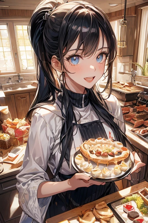 (dynamic angle:1.3, front view:1.1, breast focus:1.3, from above:1.1), (dynamic posing:1.2, sexy posing:1.2), (seductive smiling:1.3), ((looking at cake,Taking a cake out of the golden oven, worried about the outcome:1.2)),highest quality、(real、photorealistic:1.4),(ultra high resolution, 8K RAW photo, clear focus), best qualtiy, natural lighting, field depth, (Bright pupils, detailed beautiful eyes, high detailed face), Red lip, (tight focus:1.2), a girl 22yo old, Wearing a pastry chef uniform:1.3 , Thicc, thin breast, long hair, blue eyes,a pastry pretty girl:1.1, (highly detailed beautiful face and eyes,small breasts),real skin,((black,hair,long pony tail hair)),thin pubic hair,cute,lovely, detailed eyes,(double breasted:1.0,under bust:1.0),(with sparkling eyes and a contagious smile),open mouth, Looking at Viewer,A scene of cooking in the kitchen with the oven made by goldden