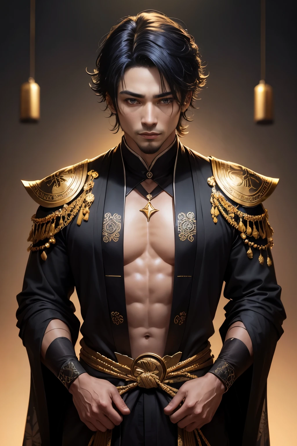 homem asiatico moreno, olhos roxos, olhos vibrantes, veste um kimono preto, cabelo negros desgrenhados, with gold rings, homem