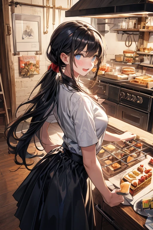 (dynamic angle:1.3, front view:1.1, breast focus:1.3, from above:1.1), (dynamic posing:1.2, sexy posing:1.2), (seductive smiling:1.3), ((looking at cake,Taking a cake out of the golden oven, worried about the outcome:1.2)),highest quality、(real、photorealistic:1.4),(ultra high resolution, 8K RAW photo, clear focus), best qualtiy, natural lighting, field depth, (Bright pupils, detailed beautiful eyes, high detailed face), Red lip, (tight focus:1.2), a girl 22yo old, Wearing a pastry chef uniform:1.3 , Thicc, thin breast, long hair, blue eyes,a pastry pretty girl:1.1, (highly detailed beautiful face and eyes,small breasts),real skin,((black,hair,long pony tail hair)),thin pubic hair,cute,lovely, detailed eyes,(double breasted:1.0,under bust:1.0),(with sparkling eyes and a contagious smile),open mouth, Looking at Viewer,A scene of cooking in the kitchen with the oven made by goldden
