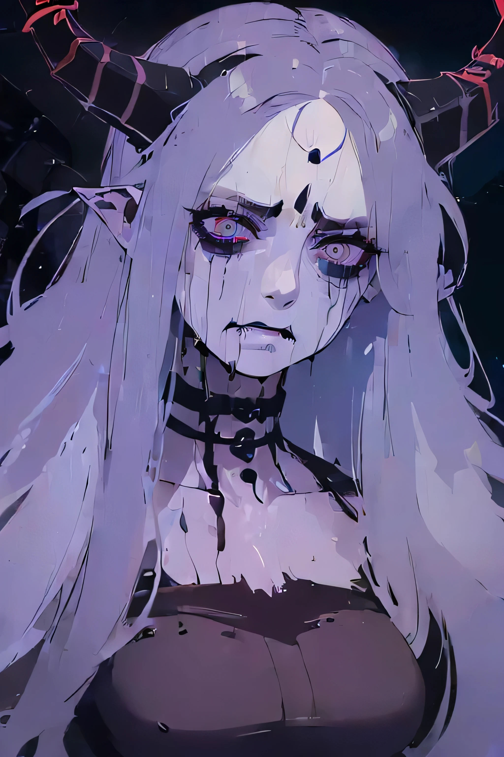 ((crazy:1.6)) ((creepy:1)), ((insane:1.5)), ((intense:2)), ((glitchy:1.5)), a woman with very pale skin, terrifying black eyes and a terrifying aura, she stares at the viewer, she has two long creepy horns on her forehead ((creepy horns:1.6)) ((expressionless face:1.6))