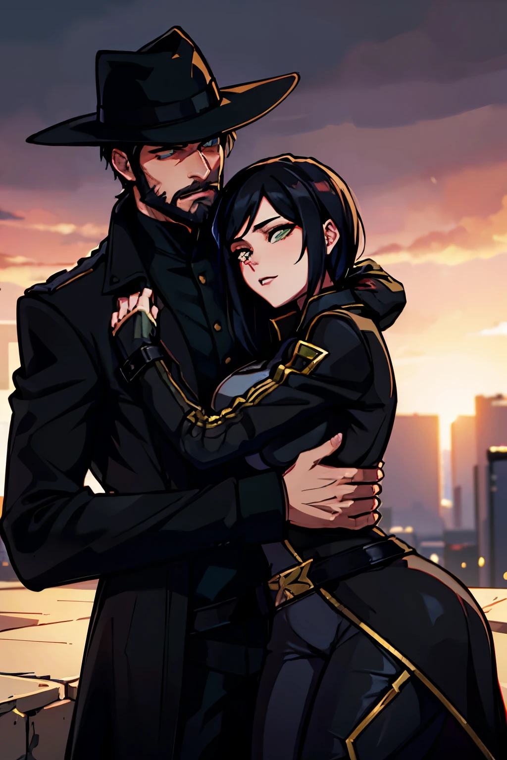 viper woman hugging a young man, the young man has short black hair and beard stubble, the young man is wearing a black trenchcoat and a black fedora hat, magic hour lighting, sunset