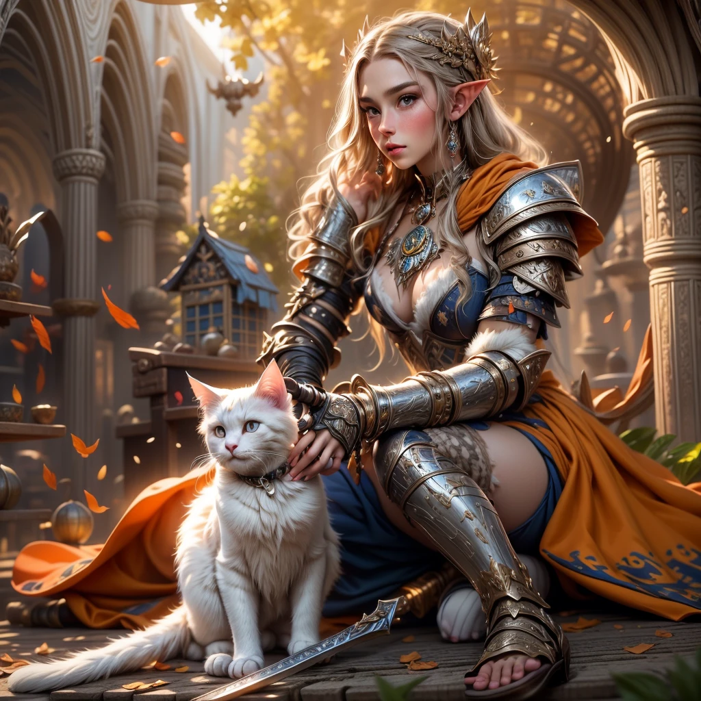 (one person with a cat) (hyperrealistic) (masterpiece) (4k) one adult female elf with dark blonde hair, forehead, wearing medieval clothes and silver armor playing with a big orange-white cat with orange-green eyes, medieval nature background, sword, books, medieval place, nature, elf with her pet, one elf and one cat