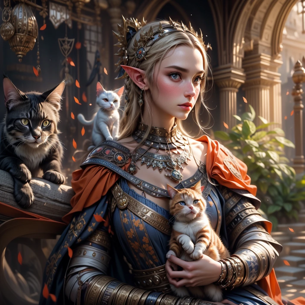 (one person with a cat) (hyperrealistic) (masterpiece) (4k) one adult female elf with dark blonde hair, forehead, wearing medieval clothes and silver armor playing with a big orange-white cat with orange-green eyes, medieval nature background, sword, books, medieval place, nature, elf with her pet, one elf and one cat