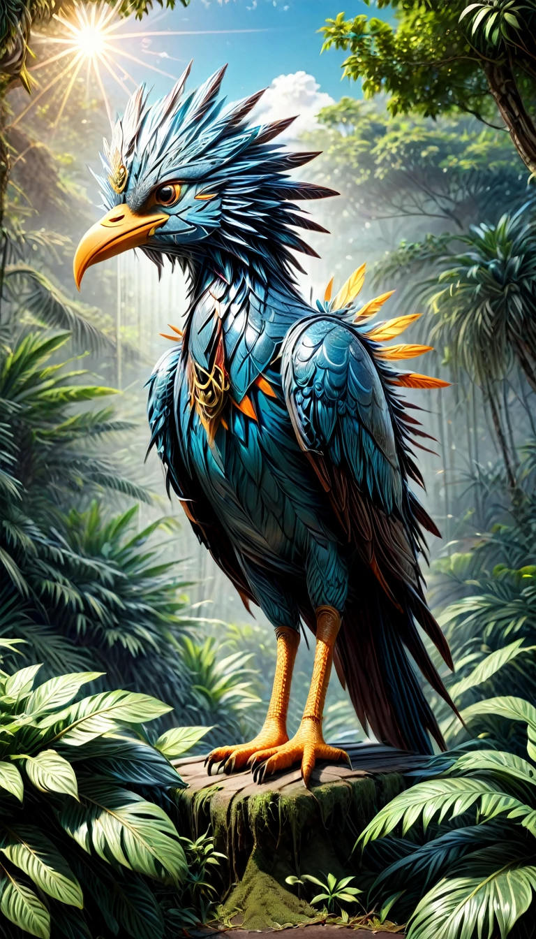 1 exotic mechanical bird, detailed colorful feathers, tropical jungle, dense foliage, blurred background, sun rays (best quality, 4k, 8k, high resolution, masterpiece: 1.2), ultra detailed, (realistic, photorealistic, photorealistic: 1.37) , vibrant colors, spectacular lighting, cinematic composition.