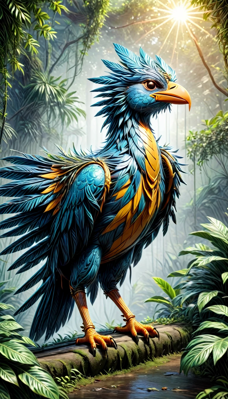 1 exotic mechanical bird, detailed colorful feathers, tropical jungle, dense foliage, blurred background, sun rays (best quality, 4k, 8k, high resolution, masterpiece: 1.2), ultra detailed, (realistic, photorealistic, photorealistic: 1.37) , vibrant colors, spectacular lighting, cinematic composition.