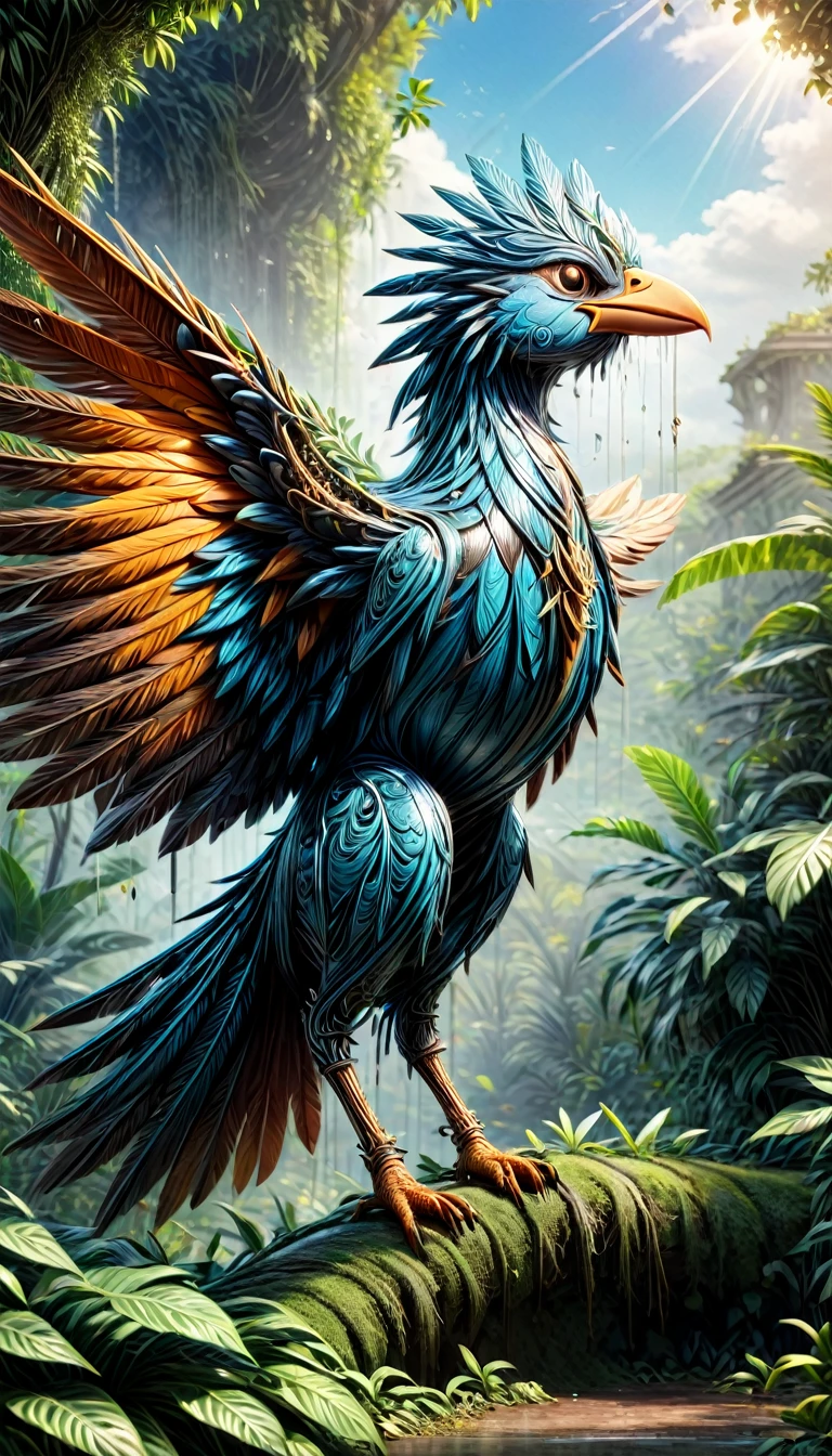 1 exotic mechanical bird, detailed colorful feathers, tropical jungle, dense foliage, blurred background, sun rays (best quality, 4k, 8k, high resolution, masterpiece: 1.2), ultra detailed, (realistic, photorealistic, photorealistic: 1.37) , vibrant colors, spectacular lighting, cinematic composition.