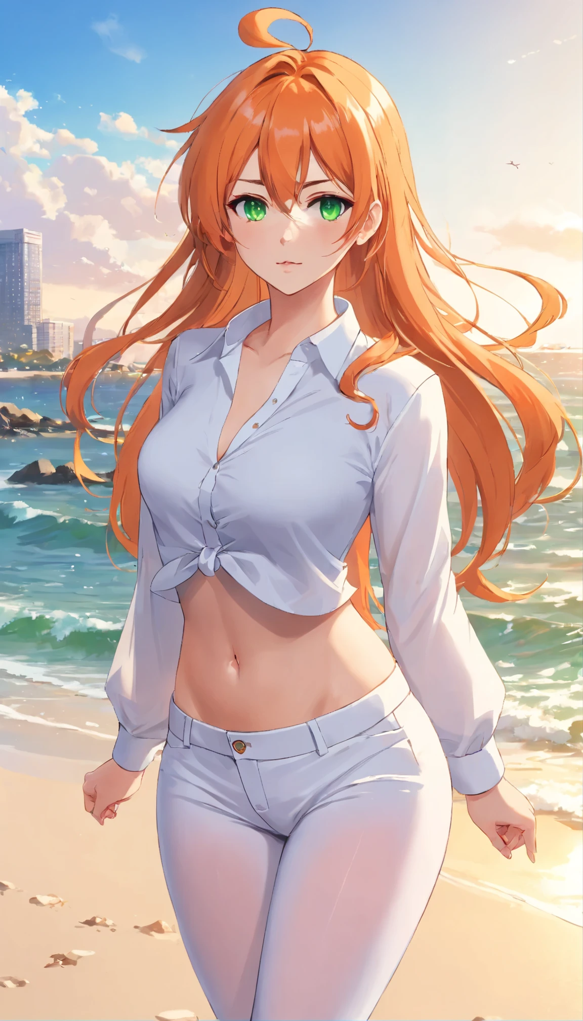 (masterpiece, Best quality), 8K, ultra detailed, realistic photo, Detailed face, perfect lighting, green eyes, bright orange hair, bright hair, fox ears, nice legs, side photo, beautiful, Cute, skin pores, 1 girl, perfect shirt, fully dressed, beautiful women 30 years old, Beautiful proportions, Russian woman, Caucasian, European, Business lady, stunningly beautiful woman, mother, thick legs, show ass, big breasts, (Thin white shirt:1.4), thick, hot, (White Office Wear:1.4), tight pants, (wide hips:1.2), thick, (white Office pants:1.3), spread your legs, Legs open, full length, wide hips, Glasses, with long orange hair, standing on the beach near the ocean, green eyes detailed digital anime art, cat ear, anime girl with long hair, гладкое аниме cg art, anime girl with long hair, digital anime art, work in Guweiz style, Beautiful anime portrait, Photorealistic render of an anime girl, pantyhose, Beautiful anime girl, advanced digital anime art, guweiz на artstation pixiv HD UHD HQ