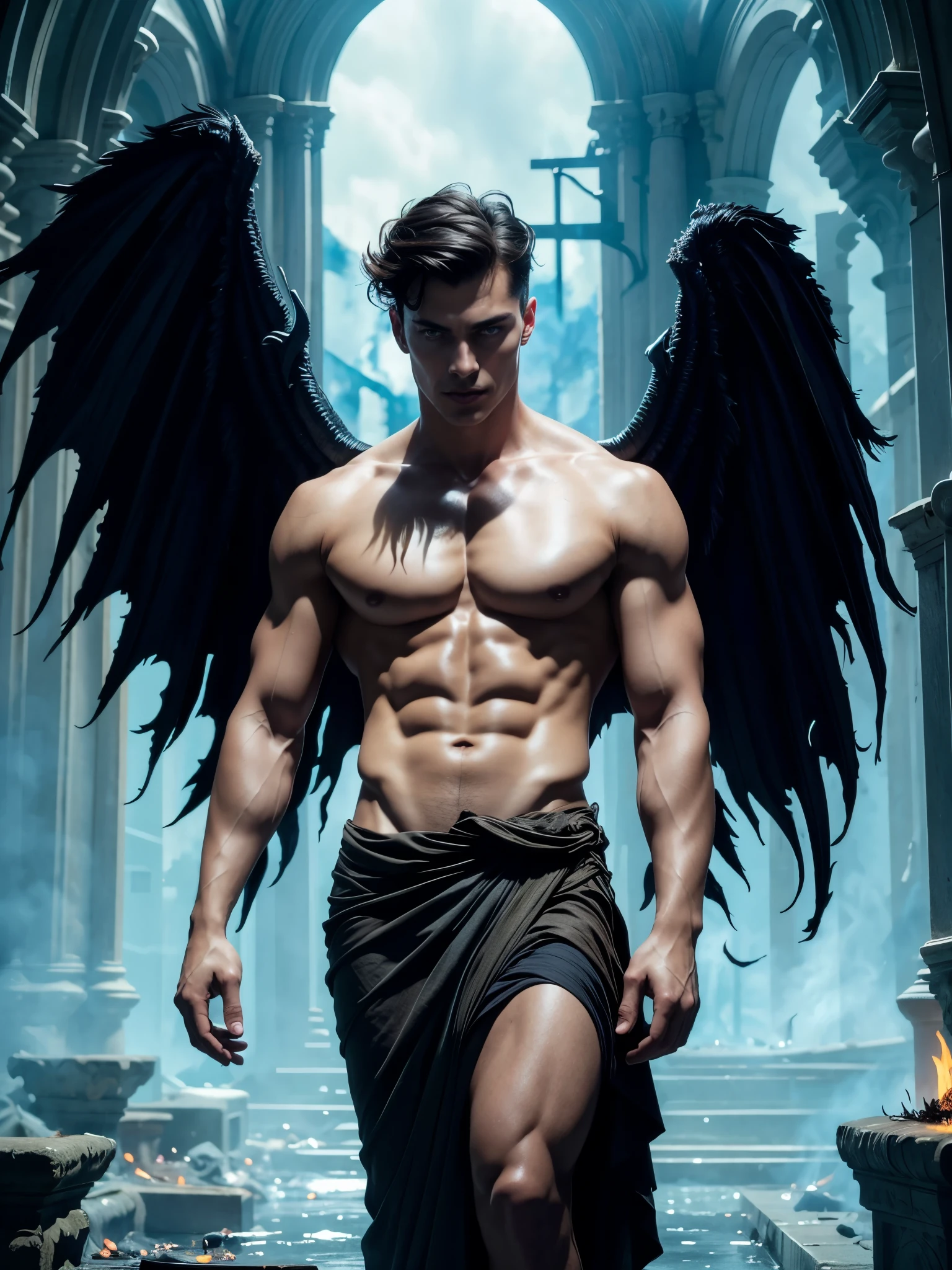 Photo-realistic, ((best quality)), ((masterpiece)), (detailed), perfect face, short hair, the devil, masculine portrait of the devil, personification of The Devil, evil look, super pale skin, (dark massive huge majestic black angel wings:1.2), black dragon horns, 18-year-old, super male model, handsome, tall, cute evil looking, dark look powerful, young male model, handsome mythical creature, super strong, muscular, fit, massive muscles, six pack, clean shave, blue eyes. wavy messy brown hair, short messy hair, messy wavy hair, shirtless, bare-chested, muscle, ripped, strong body, fit body, ancient linen Greek small skirt, antique black linen raped cloth skirt, Dark background 8k, high detailed, ultra-detailed, Stylish Pose, real skin texture, dramatic cinematic lighting, ruins Gothic cathedral, ruins, fire, (floor burning:1.4)