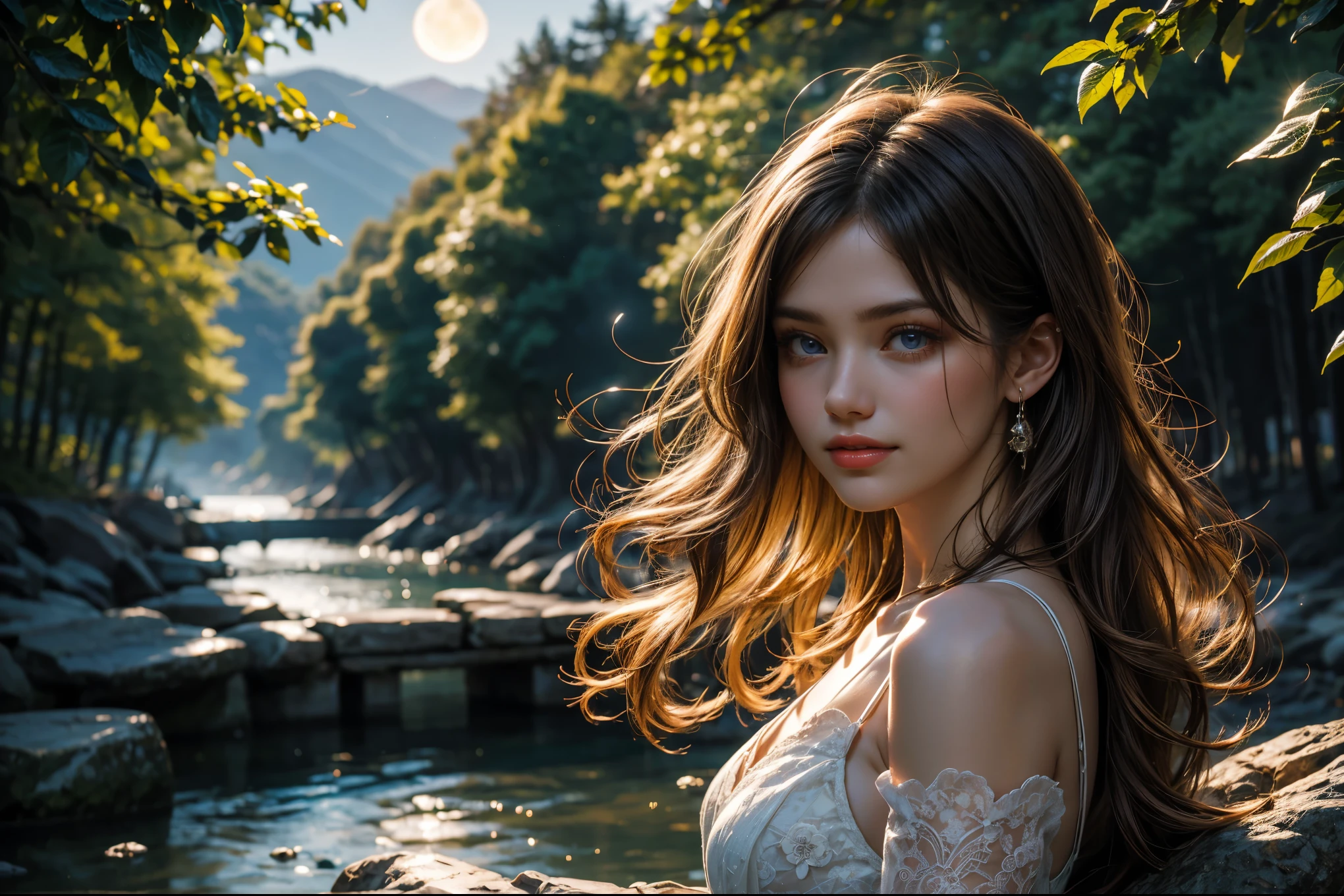 (1 girl, realistic, upper body, detailed face, beautiful dress), (best quality, masterpiece, high quality, 1girl, solo, (upper body, beautiful dress), illustration, beautiful detailed girl, beautiful detailed glow, beautiful detailed eyes, highres, detailed, high resolution illustraion, ultra-detailed, detailed background, beautiful detailed face), ((background: Capture a picturesque landscape with lush green hills, a clear blue sky, and a tranquil lake reflecting the surroundings. Include intricate details such as blooming flowers, tall trees, and birds in flight to evoke a sense of peace and natural beauty.))