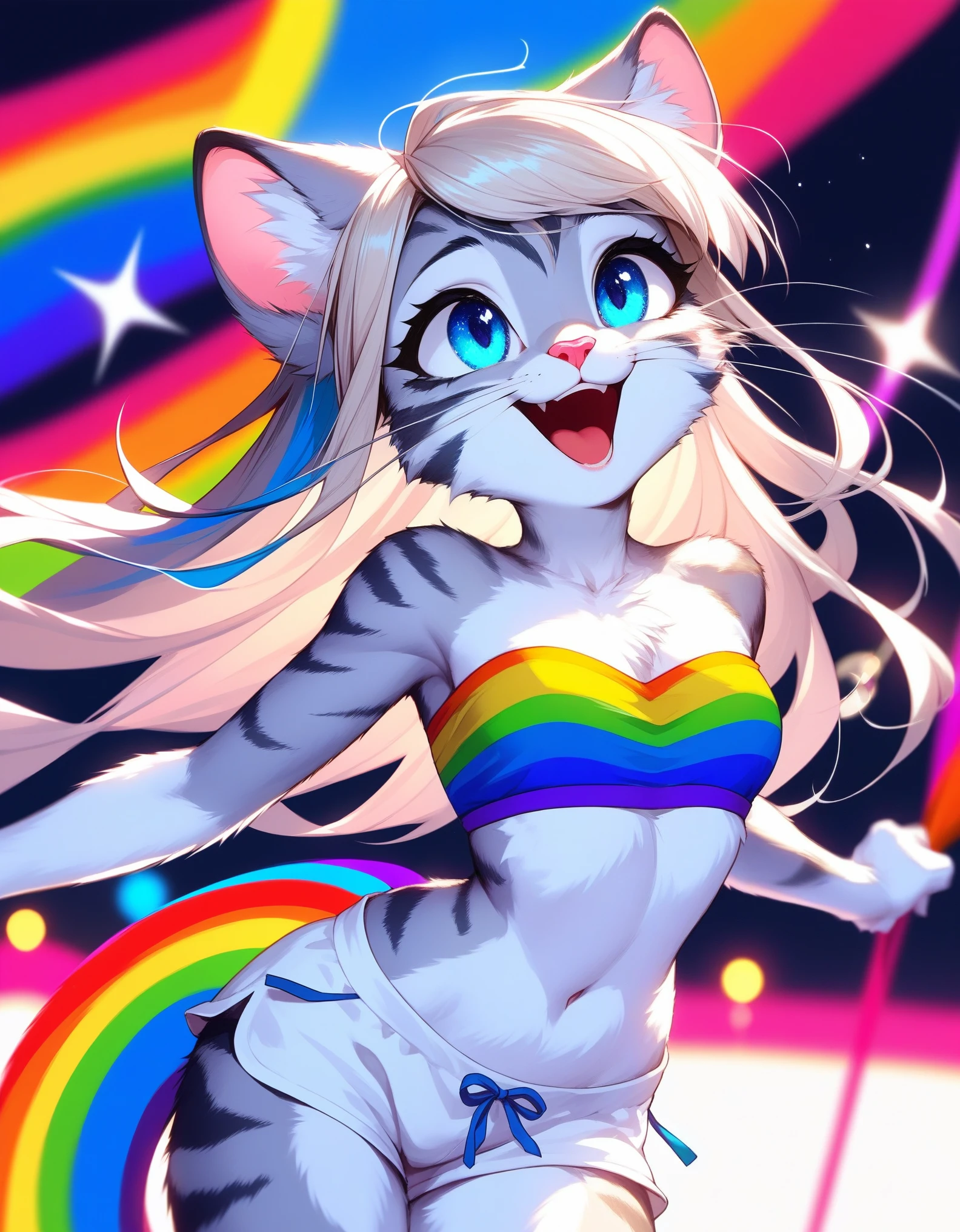 score_9,score_8_up,score_7_up, source_cartoon, source_furry, Kat, a cute Anthro furry feline girl, tall body, hourglass figure, adult female, blue eyes, :3, silver fur, long blonde hair, rainbow highlights in hair, white whiskers, pink nose, wearing rainbow bandeau, white short shorts, dancing, looking amazed, eyes sparkling, at a colorful parade, rainbow parade, outdoors, looking up, laughing, in a bright vibrant city