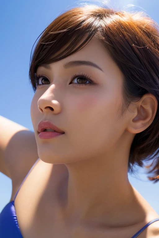 1 girl、(Close-up of face from below:1.4) 、(forward leaning posture:1.2)、Pixie Cut、Beautiful face exposed、Watching the audience、Smiling、Plain blue bikini、非常にDetailed eyesと顔, Detailed nose, Detailed eyes, Shiny skin, masterpiece, Ultra-high resolution, 8k, RAW Photo, highest quality, Detailed Shadows, wonderful, Fine details, (Bokeh: 0.5), Beautiful lighting on the face, blue sky