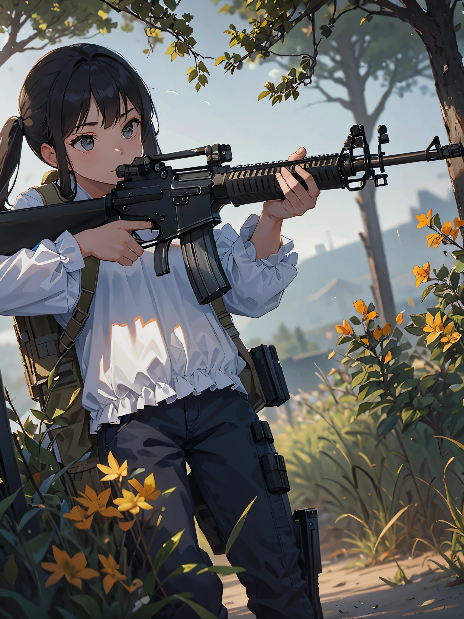 masterpiece, best quality, solo focus, 1girl, (holding an ar-15)