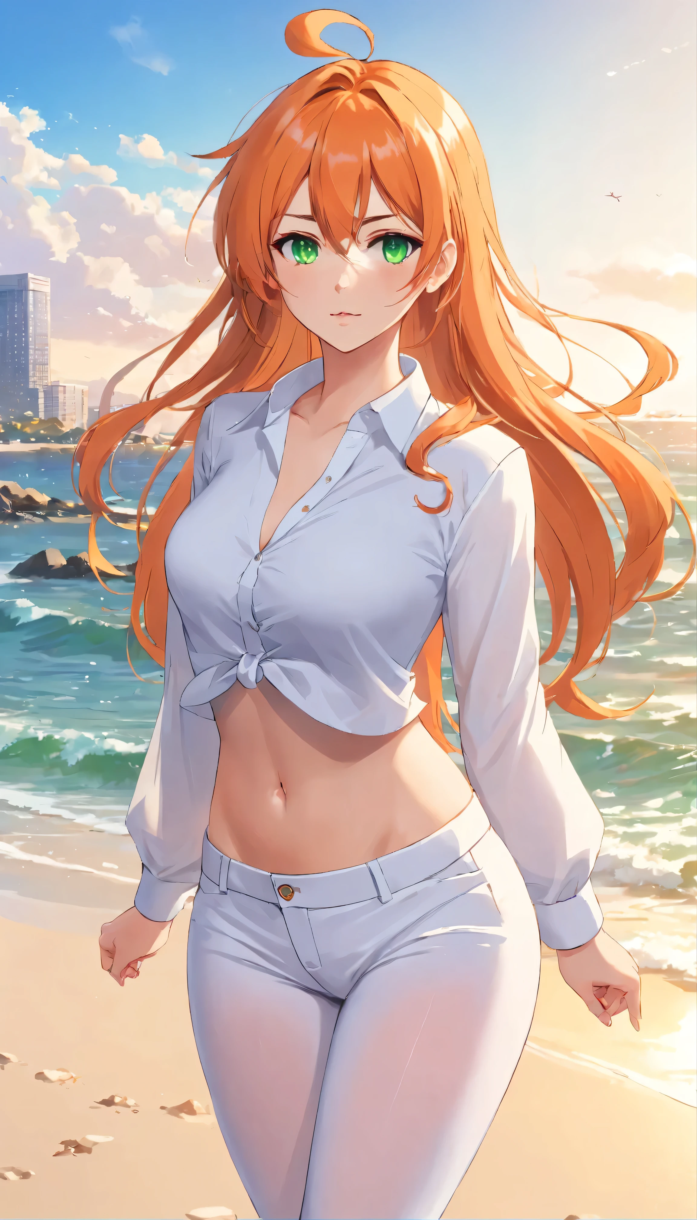 (masterpiece, Best quality), 8K, ultra detailed, realistic photo, Detailed face, perfect lighting, green eyes, bright orange hair, bright hair, fox ears, nice legs, side photo, beautiful, Cute, skin pores, 1 girl, perfect shirt, fully dressed, beautiful women 30 years old, Beautiful proportions, Russian woman, Caucasian, European, Business lady, stunningly beautiful woman, mother, thick legs, show ass, big breasts, (Thin white shirt:1.4), thick, hot, (White Office Wear:1.4), tight pants, (wide hips:1.2), thick, (white Office pants:1.3), spread your legs, Legs open, full length, wide hips, Glasses, with long orange hair, standing on the beach near the ocean, green eyes detailed digital anime art, cat ear, anime girl with long hair, гладкое аниме cg art, anime girl with long hair, digital anime art, work in Guweiz style, Beautiful anime portrait, Photorealistic render of an anime girl, pantyhose, Beautiful anime girl, advanced digital anime art, guweiz на artstation pixiv HD UHD HQ