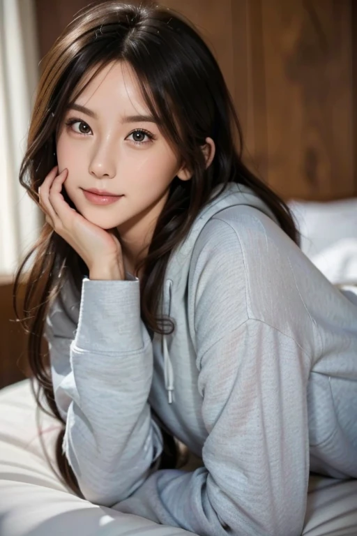 realistic 1girl, girl lying on floor,Lying down、 looking at camera, smiling, wearing oversized hoodie, Bare legs、bootie shot, soft lighting, warm colors, (best quality,4k,8k,highres,masterpiece:1.2),ultra-detailed,(realistic,photorealistic,photo-realistic:1.37),intricate details,beautiful detailed eyes,beautiful detailed lips,extremely detailed face,delicate features,natural expression