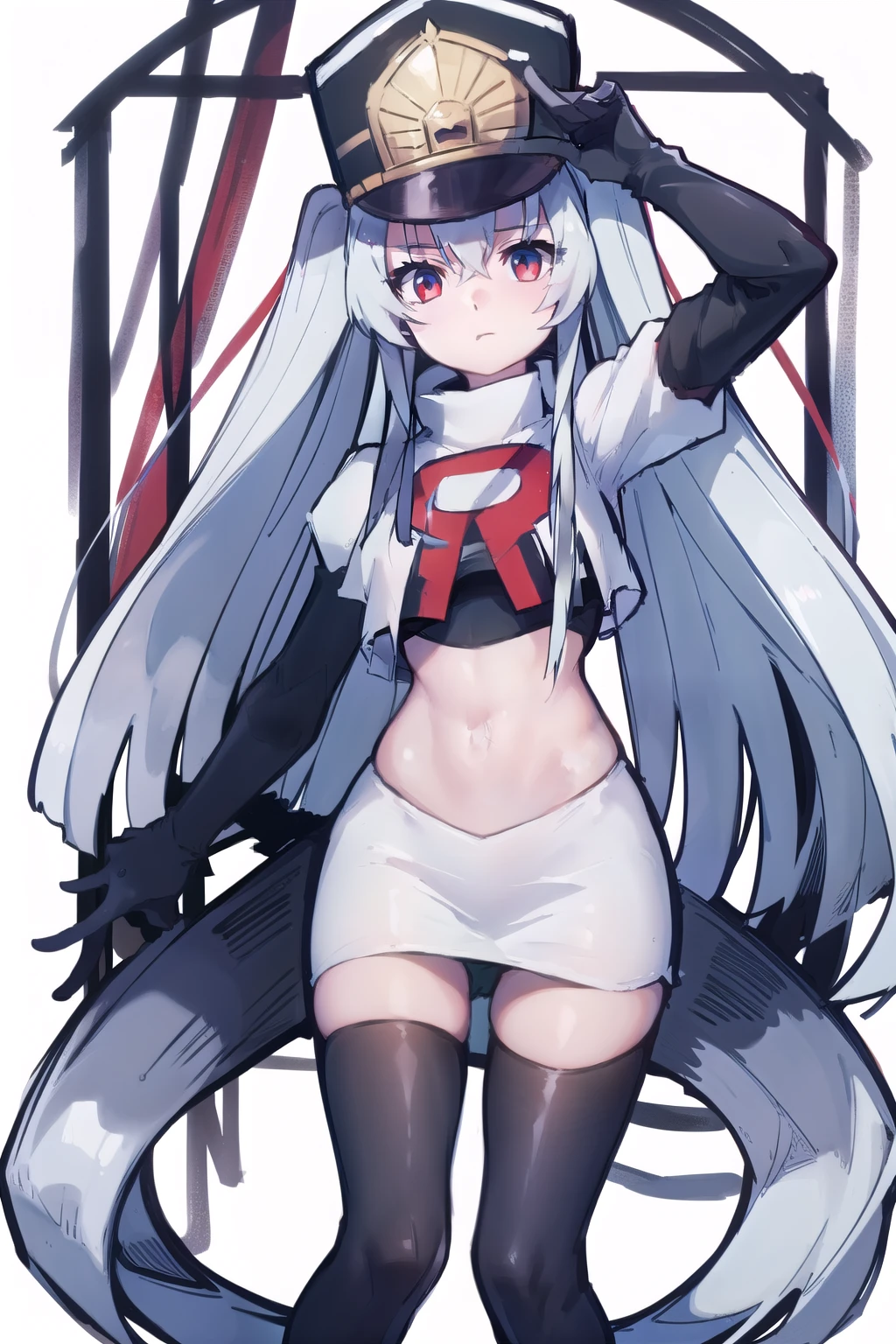 1girl, solo, altair, team rocket,team rocket uniform,white skirt,red letter R,crop top,black thigh-highs,black elbow gloves,