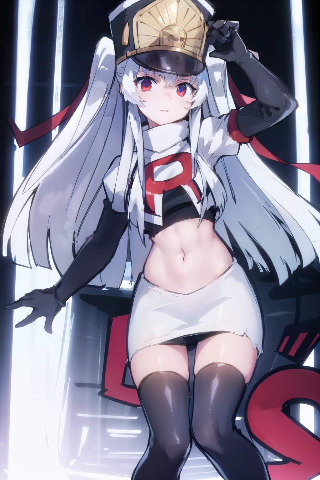1girl, solo, altair, team rocket,team rocket uniform,white skirt,red letter R,crop top,black thigh-highs,black elbow gloves,